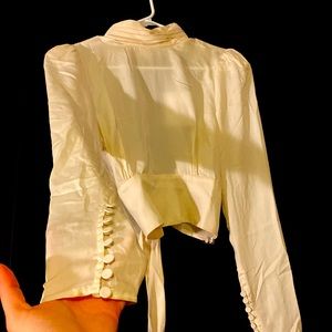 White long sleeve open back blouse, size small